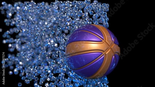 Purple-Orange Basketball with Diamond Particles under blue flare lighting. 3D CG. 3D illustration. 3D high quality rendering. © DRN Studio