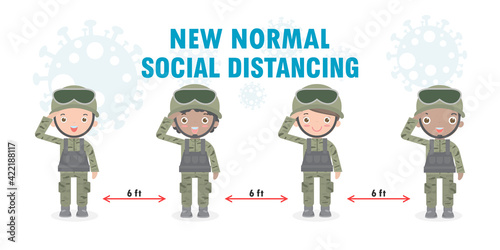 group of soldiers men and women new normal lifestyle concept. US Army soldiers wearing face mask and social distancing protect coronavirus covid 19, cartoon isolated on background vector illustration
