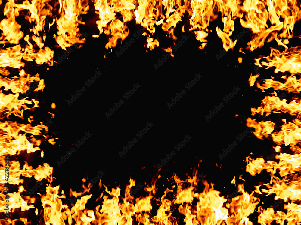 Flame background. Hot frame. Inferno energy. Bright orange yellow wildfire heat glow with spark design isolated on black night abstract copy space banner. Flame background. Hot frame. Inferno energy. Bright orange yellow wildfire heat glow with spark design isolated on black night abstract copy space banner.