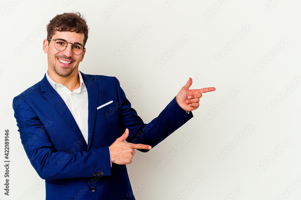 Young business caucasian man isolated on white background smiling cheerfully pointing with forefinger away. Young business caucasian man isolated on white background smiling cheerfully pointing with forefinger away.