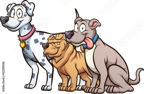 Cartoon dogs of different breeds and sizes. Vector clip art illustration with simple gradients. Some elements on separate layers.
