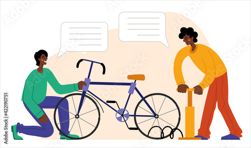 People are repairing a bicycle. Bicycle repair. The mechanic repairs the bicycle, the mechanic inflates the wheels. Web graphics, banners, advertisements, business templates.
