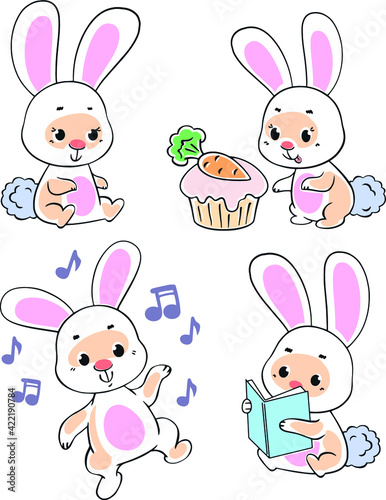 set of rabbit rabbits on a white background, eats a cake with carrots, dances to music, reads a book, sits, smiles