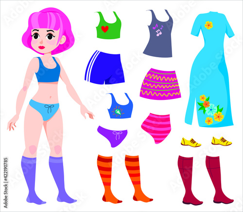 beautiful cute girl with pink hair and a set of clothes and shoes. paper doll.