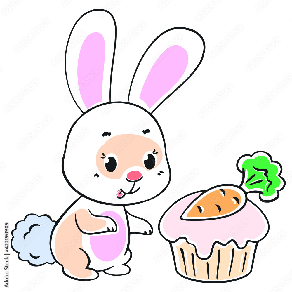 cute baby hare looking at a cake eating on a white background, vector illustration. cute baby hare looking at a cake eating on a white background, vector illustration.