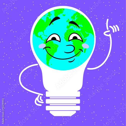 vector illustration. Earth Hour. energy saving. lamp on the background of space. earth and stars. land with emotions and face. hand raised up.