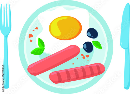 eggs and sausages cooked on a grill lie on a plate. vector illustration. fork and knife. White background.
