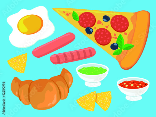 fast food with emotions. nachos, pizza, sausages, sauces and a croissant. On a green background.