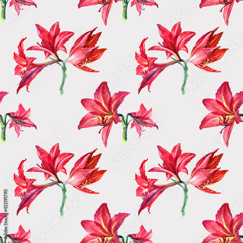Seamless pattern watercolor summer bouquet flower red lily and bud on grey background. Hand-drawn summer botanical illustration for card, celebration, wedding, birthday, wallpaper, wrapping, textile