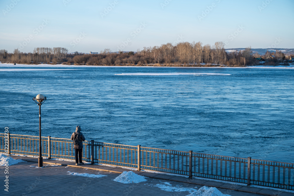 View of Irkutsk waterfront with Angara river in the morning. The Angara River is a river in Eastern Siberia and the only river flowing from lake Baikal.