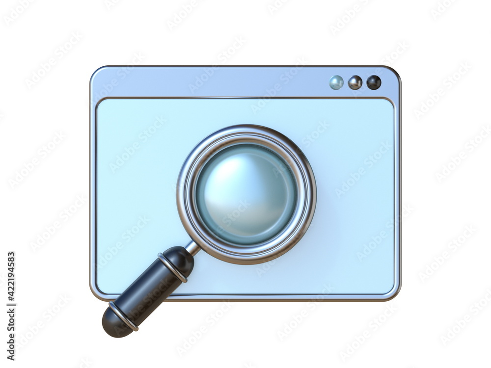 Magnifying glass icon with computer window 3D Magnifying glass icon with computer window 3D