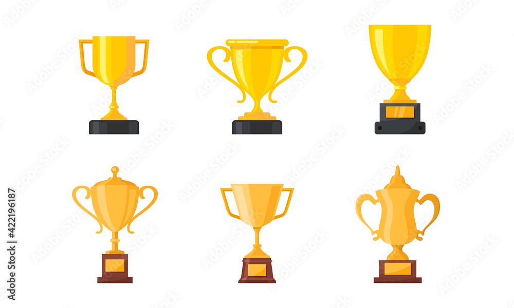 Set of vector illustration of golden trophies. Fit for the design element of an award, top quality, and achieving success reward. Flat trophy cup set.