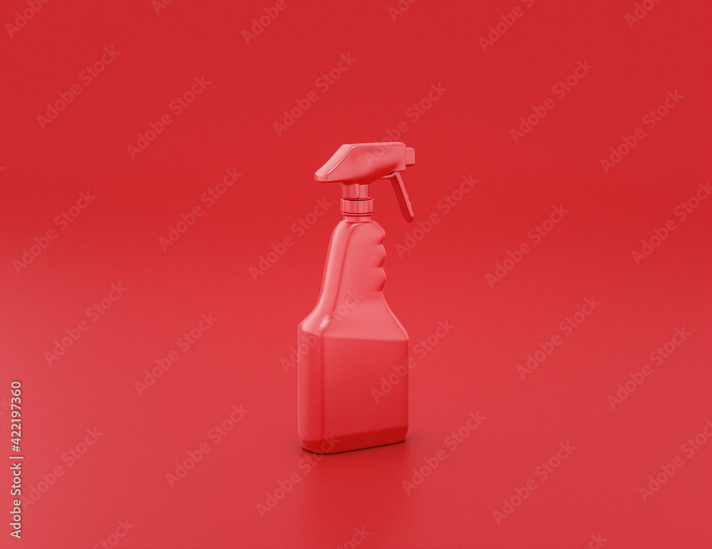 shiny red plastic cleaner spray container in red background, flat colors, single color, 3d rendering virus protection liquid shiny red plastic cleaner spray container in red background, flat colors, single color, 3d rendering virus protection liquid