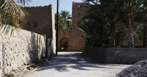 Town next to ruins of Birkat Al Mouz, Berqut al Moz, in Oman, wide shot photo