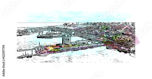 Building view with landmark of Odesa is the 
city in Ukraine. Watercolour splash with hand drawn sketch illustration in vector.