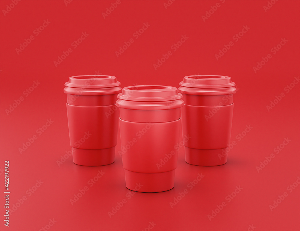 multiple shiny red plastic coffee cups in a row on red background, flat colors, single color disposable paper cup, 3d rendering multiple shiny red plastic coffee cups in a row on red background, flat colors, single color disposable paper cup, 3d rendering