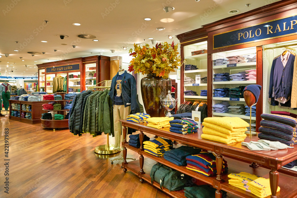 BERLIN, GERMANY - CIRCA SEPTEMBER, 2019: Polo Ralph Lauren clothes on  display at Galeries Lafayette in Berlin. Stock-Foto | Adobe Stock