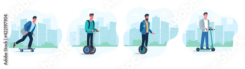 Men use modern electric vehicles. Eco gyroboards, skateboards, scooters are environmentally friendly, not polluting the air. Vector illustration of guys in flat style, urban concept.