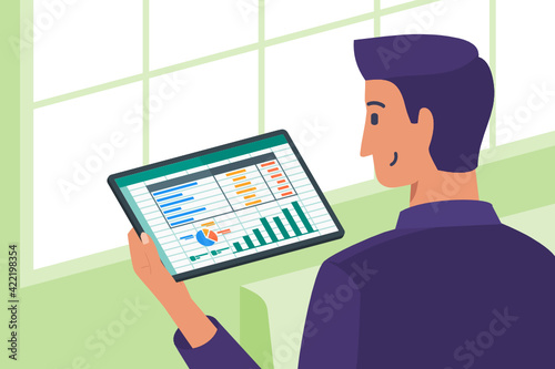 Businessman Checking Out Business Balance Spreadsheet Program on Laptop Screen in Office Financial on Tablet Computer Flat Vector Illustration. Can be Used for Digital and Printable Infographic.