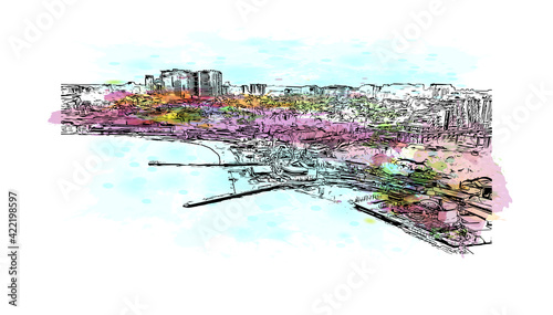 Building view with landmark of Odesa is the 
city in Ukraine. Watercolour splash with hand drawn sketch illustration in vector.