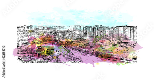 Building view with landmark of Odesa is the 
city in Ukraine. Watercolour splash with hand drawn sketch illustration in vector.