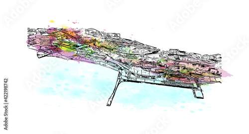 Building view with landmark of Odesa is the 
city in Ukraine. Watercolour splash with hand drawn sketch illustration in vector.