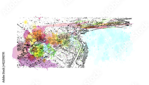 Building view with landmark of Odesa is the 
city in Ukraine. Watercolour splash with hand drawn sketch illustration in vector.