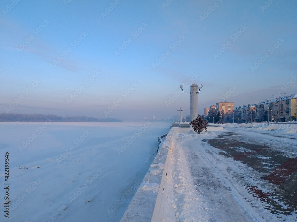 View of the winter bank of the Irtysh River in the Omsk region