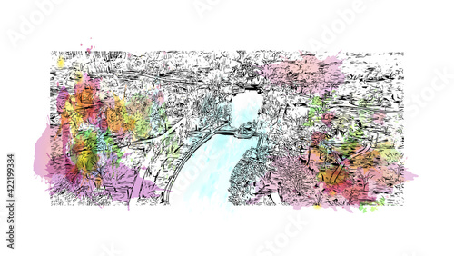 Building view with landmark of Odesa is the 
city in Ukraine. Watercolour splash with hand drawn sketch illustration in vector.