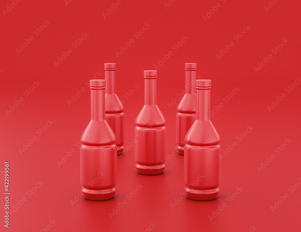 Agoup of shiny red plastic oil additive bottles in red background, flat colors, single color, 3d rendering Agoup of shiny red plastic oil additive bottles in red background, flat colors, single color, 3d rendering