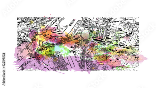 Building view with landmark of Odesa is the 
city in Ukraine. Watercolour splash with hand drawn sketch illustration in vector.