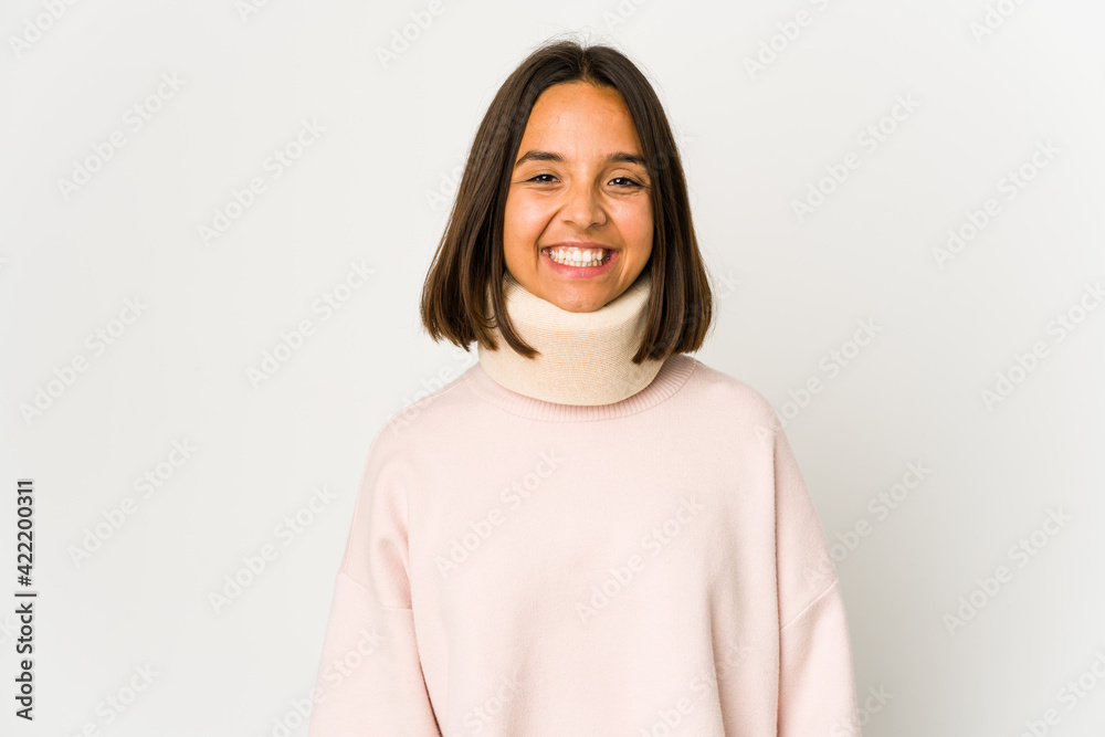 Young hispanic woman wearing a collar happy, smiling and cheerful. Young hispanic woman wearing a collar happy, smiling and cheerful.