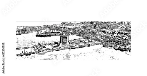 Building view with landmark of Odesa is the 
city in Ukraine. Hand drawn sketch illustration in vector.