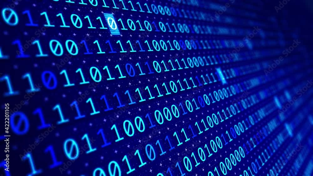 Concept of digital binary data stream on a computer screen angled with a shallow depth of field loop