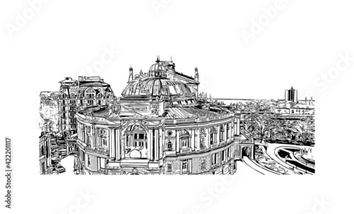 Building view with landmark of Odesa is the 
city in Ukraine. Hand drawn sketch illustration in vector.