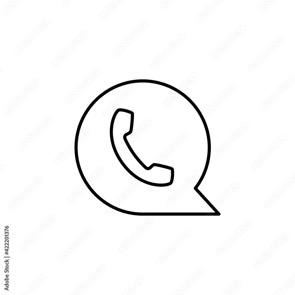 Chat bubble, with phone icon in flat black line style, isolated on white Chat bubble, with phone icon in flat black line style, isolated on white