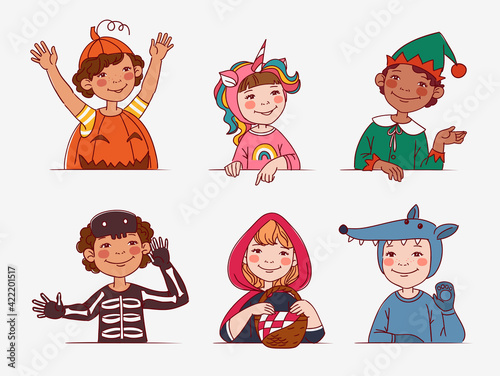 Cute kids in carnival costumes. Vector illustration