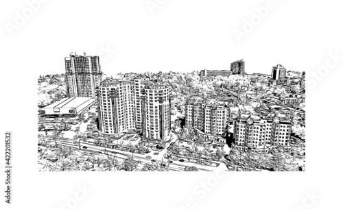 Building view with landmark of Odesa is the 
city in Ukraine. Hand drawn sketch illustration in vector.