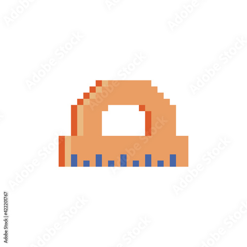 Measuring ruler pixel art icon, circle shape. School  equipment and stationery. Isolated on white background vector illustration. 8-bit sprite. Design stickers, logo, app.