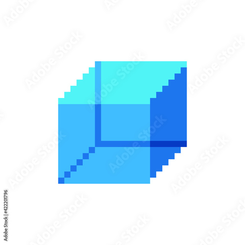 Isometric cube, blue cuboid, mathematics geometric shape. Parallelepiped pixel art icon. vector illustration. Isolated vector illustration.,