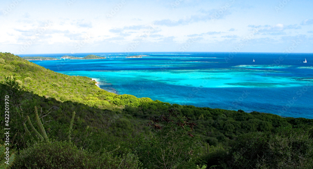 View from Mayreau towards Tobago Cays: exquisite blue lagoon, lush green vegetation, coral reef and charter boats sailing away from Tobago Cays islands. View from Mayreau towards Tobago Cays: exquisite blue lagoon, lush green vegetation, coral reef and charter boats sailing away from Tobago Cays islands.