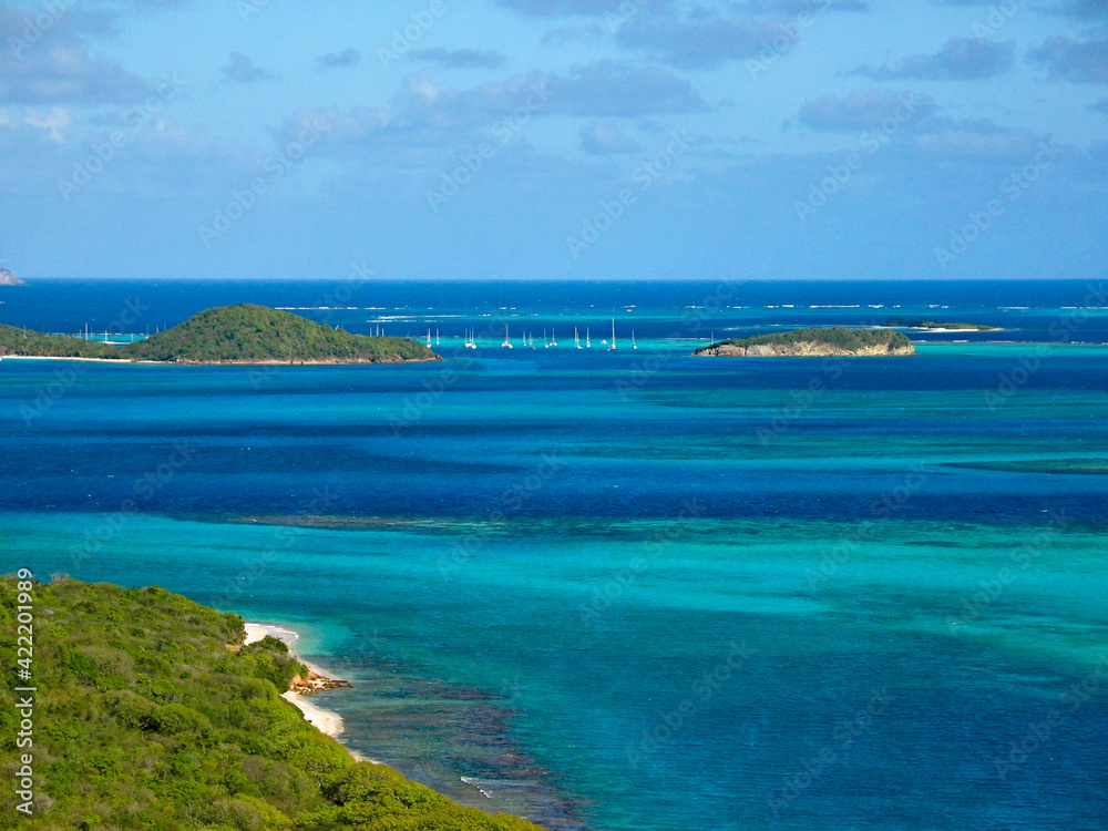 View from hills on Mayreau: turquoise lagoon, lush green vegetation, coral reef and sailing  boats anchored in Tobago islands marine reserve.