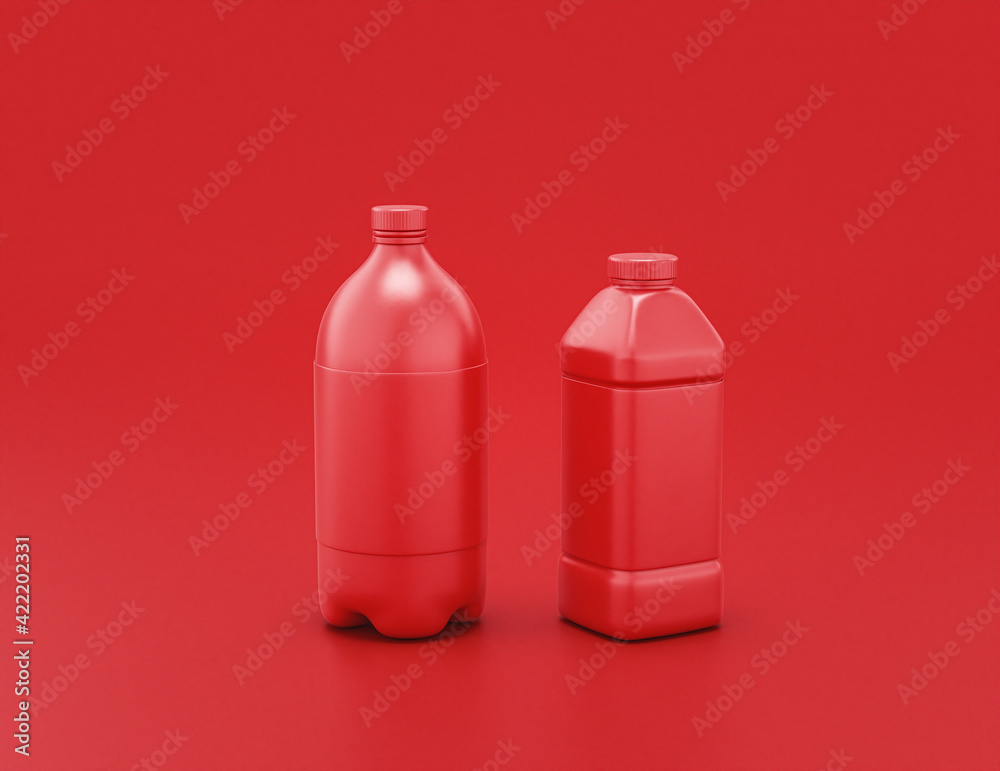 A group of shiny red plastic soda bottles in red background, flat colors, single color, 3d rendering A group of shiny red plastic soda bottles in red background, flat colors, single color, 3d rendering
