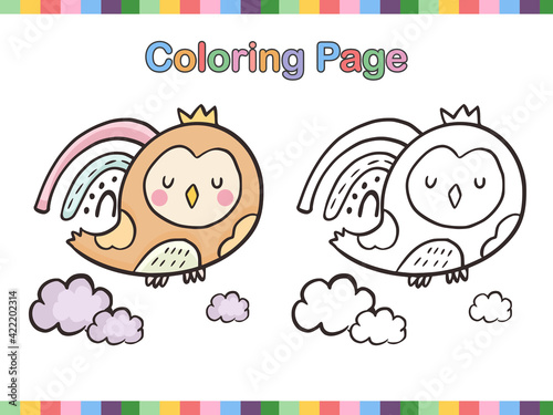 owl bird and rainbow cute coloring book page for kids
