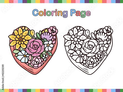 Set of flower bouquet with love shape coloring book page line art for kids