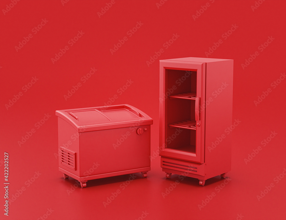 shiny red plastic display and beverage cooler in red background, flat colors, single color, 3d rendering shiny red plastic display and beverage cooler in red background, flat colors, single color, 3d rendering