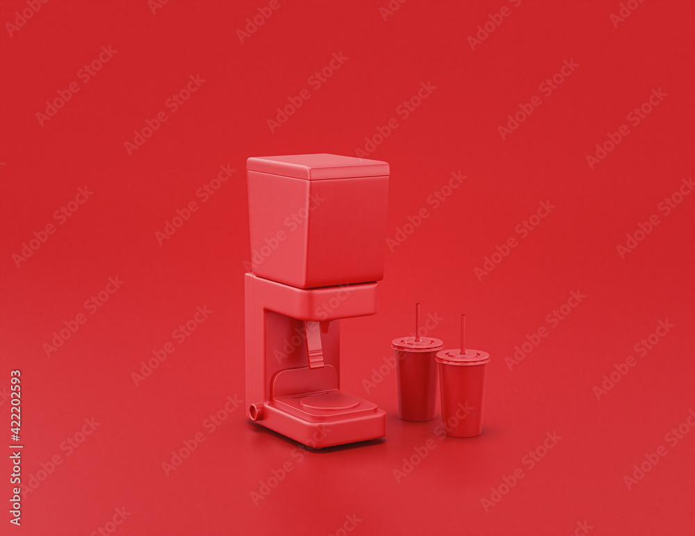 shiny red plastic soda, slurp machines and mixer in red background, flat colors, single color, 3d rendering shiny red plastic soda, slurp machines and mixer in red background, flat colors, single color, 3d rendering