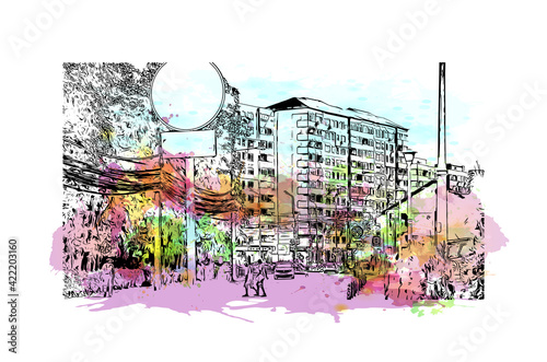 Building view with landmark of Oradea is the 
city in Romania. Watercolour splash with hand drawn sketch illustration in vector. photo