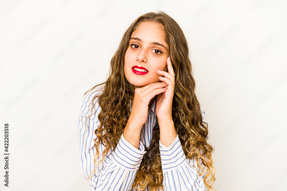 Young curly cute caucasian woman closeup face