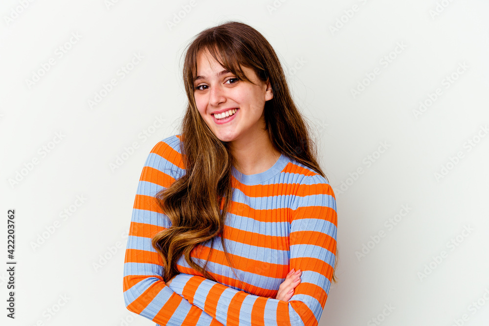 Young caucasian cute woman isolated on white background laughing and having fun. Young caucasian cute woman isolated on white background laughing and having fun.